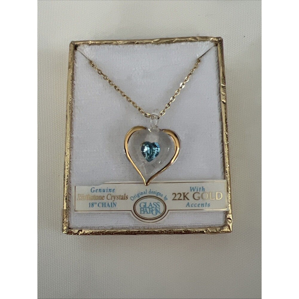 Glass Baron March Birthstone Sparkle Heart Necklace 18" Chain 22K Gold Accents